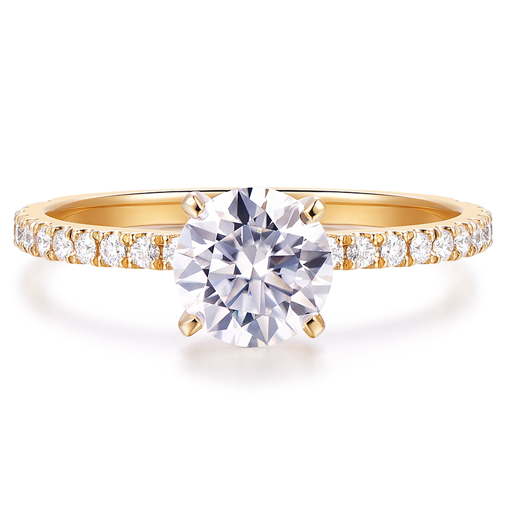 round cut moissante engagement ring in 14k yellow gold