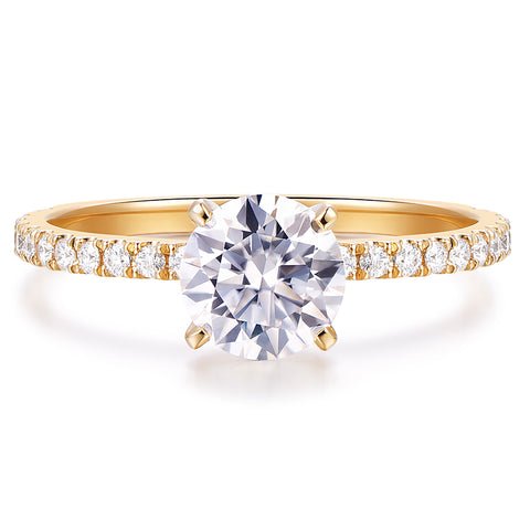 round cut moissante engagement ring in 14k yellow gold