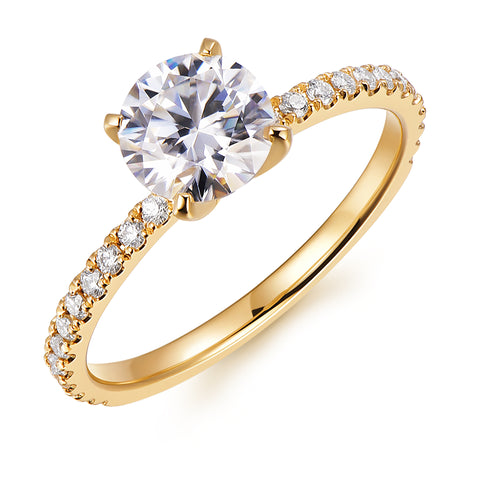 round cut moissanite diamond engagement ring in yellow gold