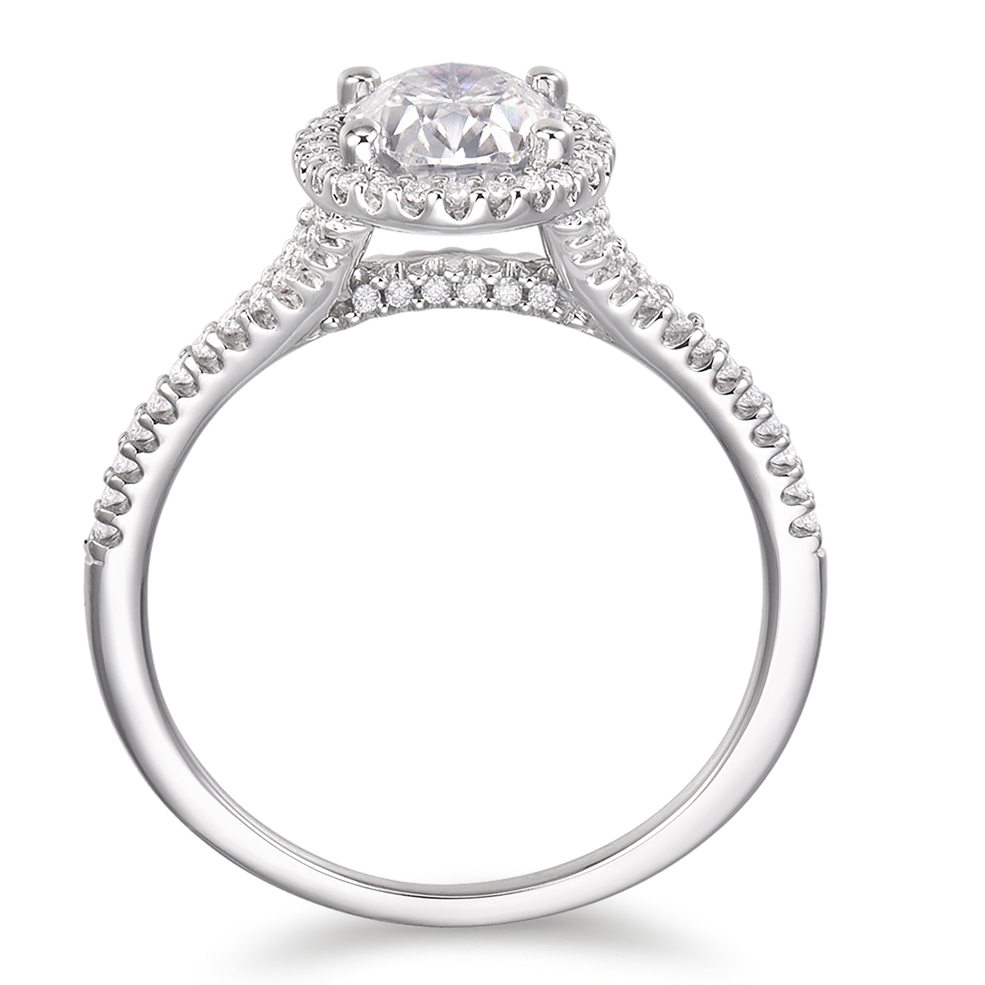 oval cut moissanite ring with a halo and shoulder stones in 14K white gold