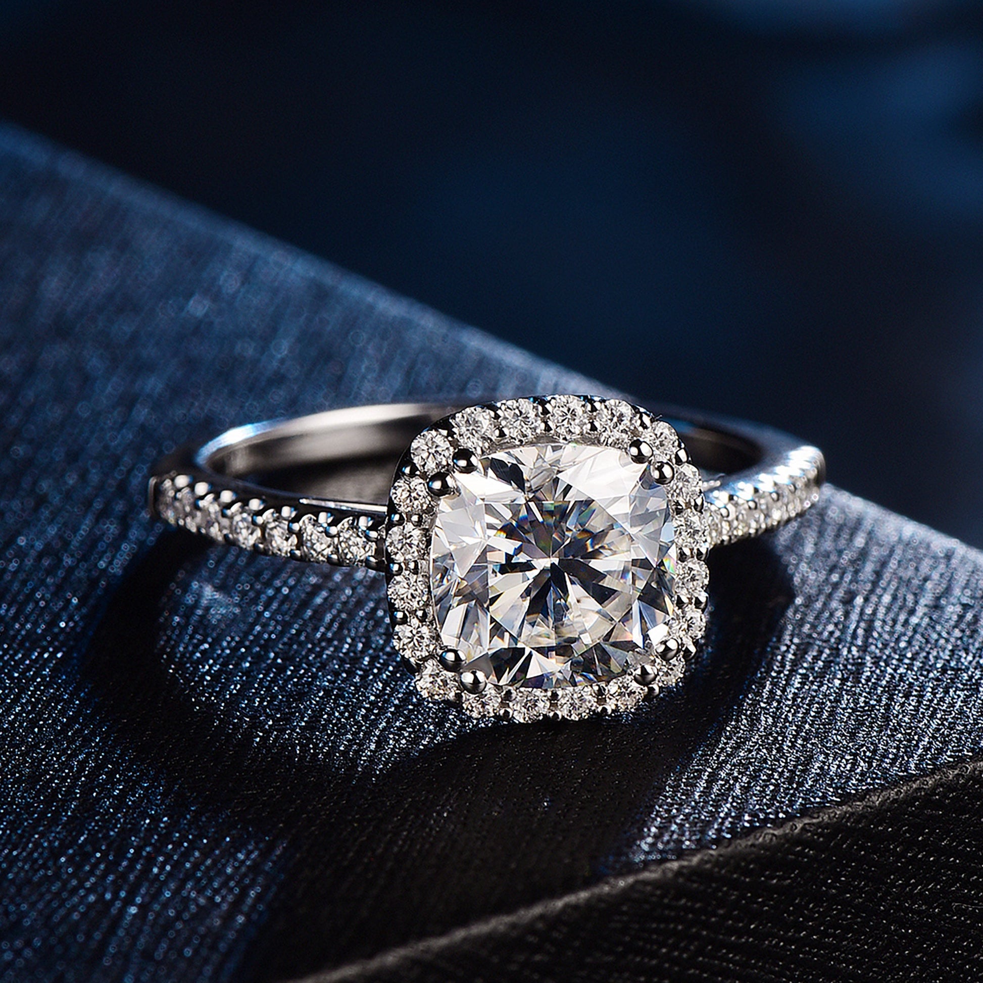 cushion moissanite engagement ring with side stone in 14K solid white gold 