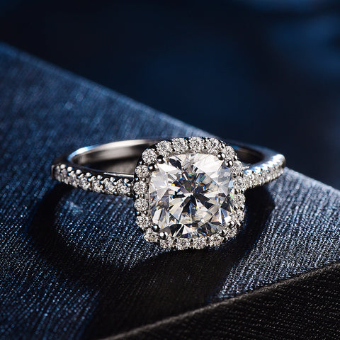 cushion moissanite engagement ring with side stone in 14K solid white gold 