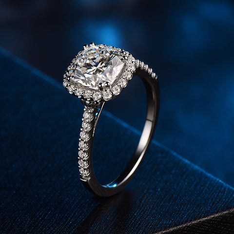halo cushion cut engagement ring in 14k white gold